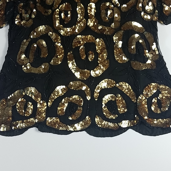 Lawrence Kazar, Black and Gold Sequined top, Sz L - Picture 7 of 8
